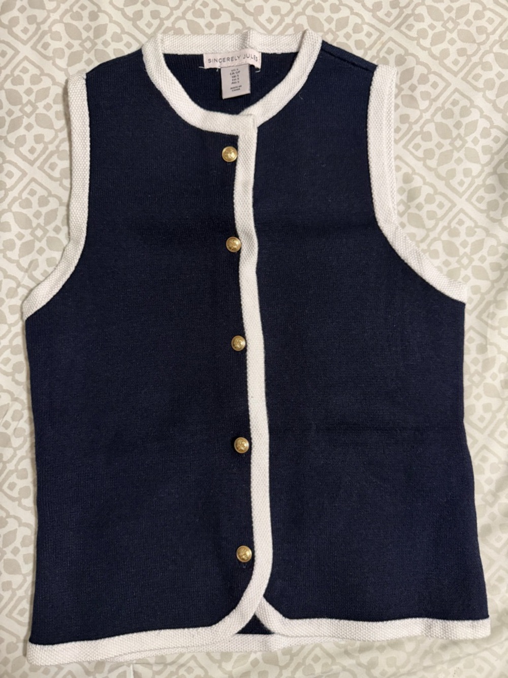 Sincerly Jules Navy Knit Button Vest with White Trim